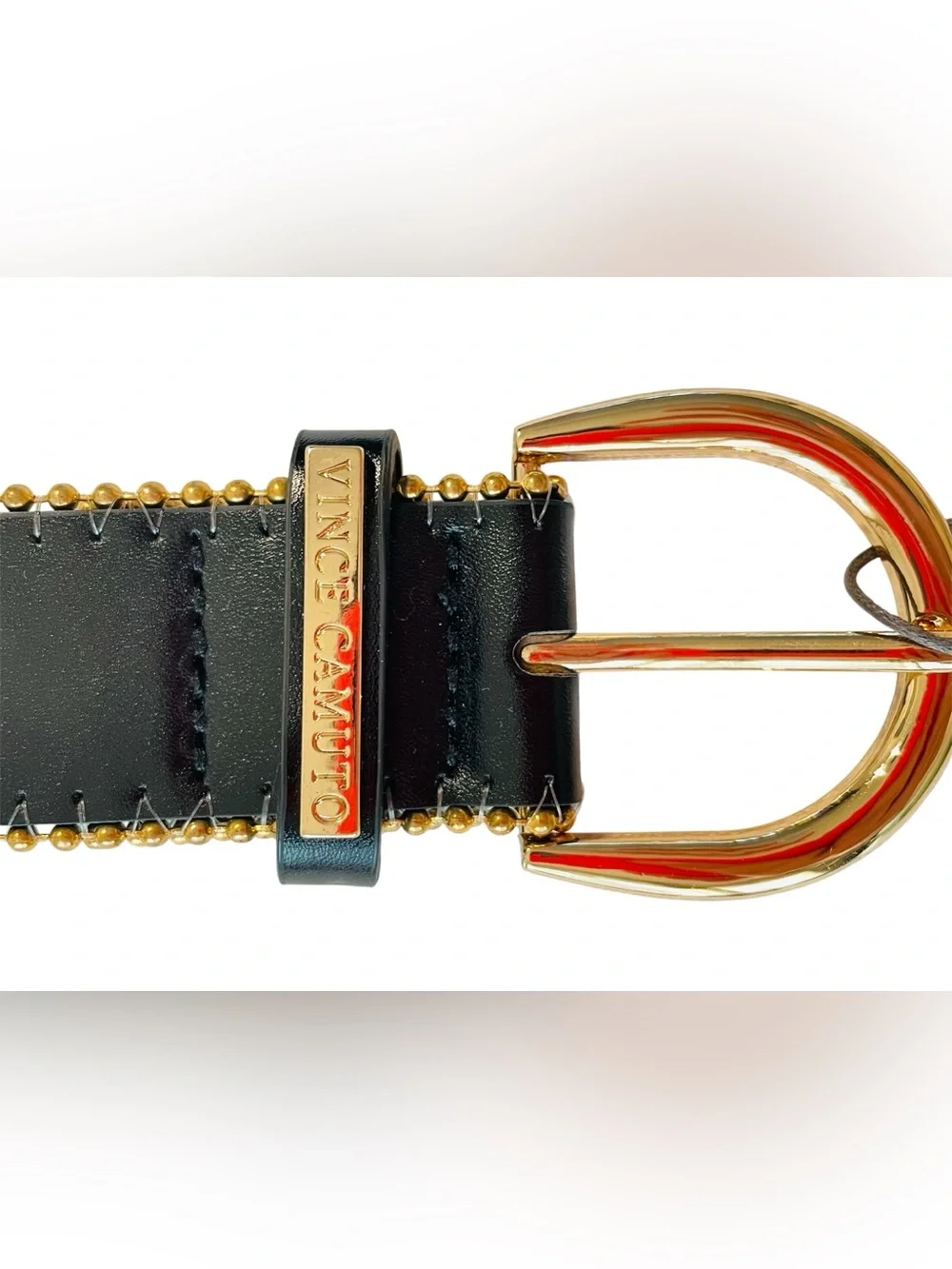 Vince Camuto NWT Black Leather Belt with Gold-Tone Beaded Trim and Buckle